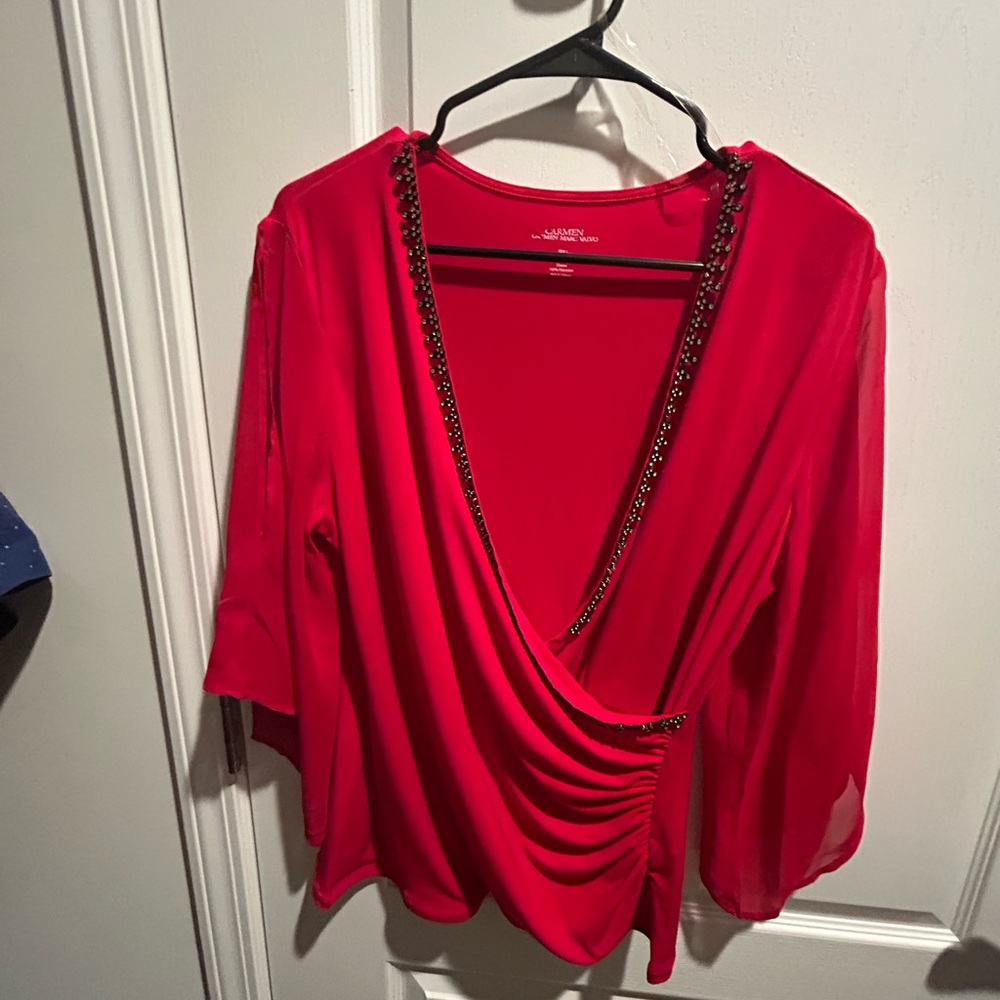 Carmen Marc Valvo Red Draped Blouse with Beaded Trim
